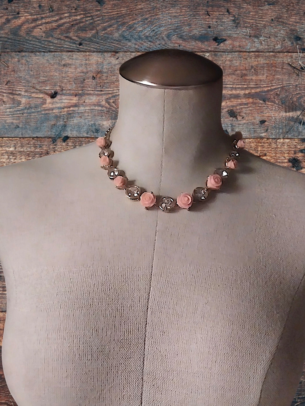 Peach Rose and Gold Beaded Necklace -Cottagecore